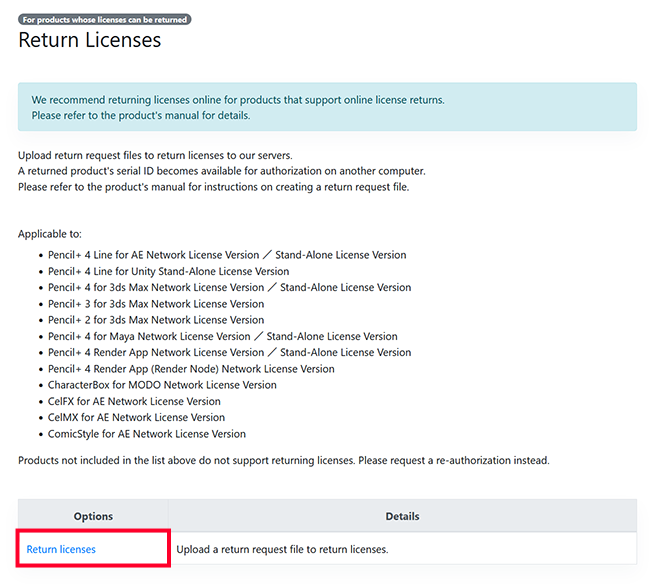 Return Licenses Page